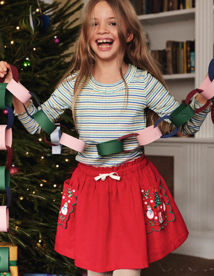 Embroidered Pocket Skirt-Rockabilly Red Festive-1