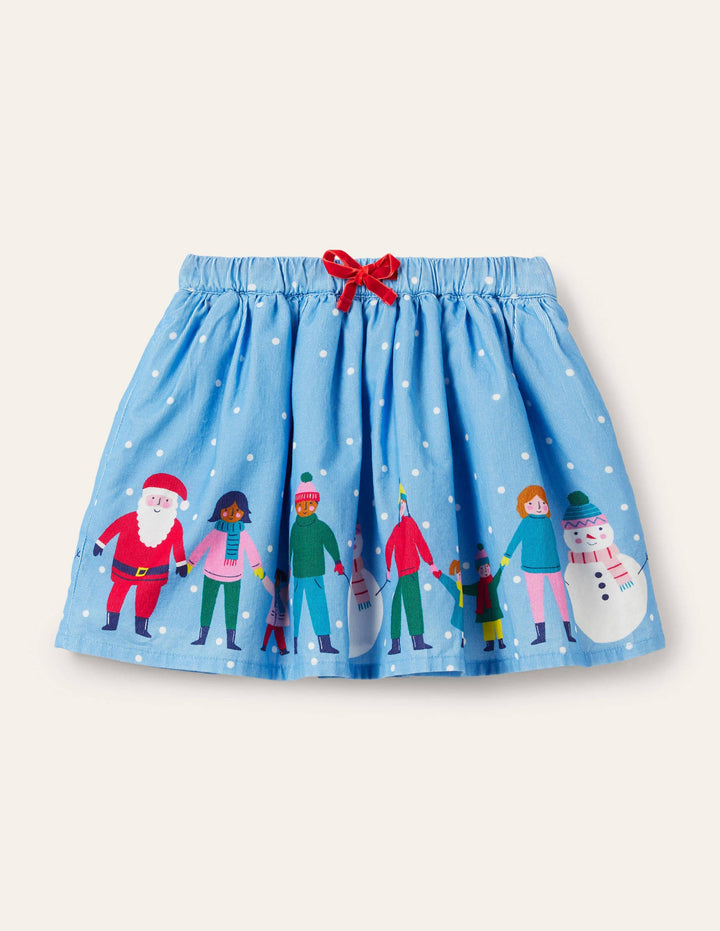 Christmas Scene Cord Skirt-Surfboard Blue