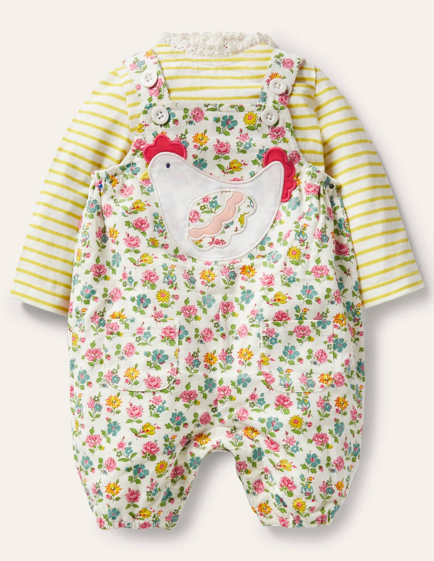 Cord Dungaree Set-Ivory Patchwork Floral