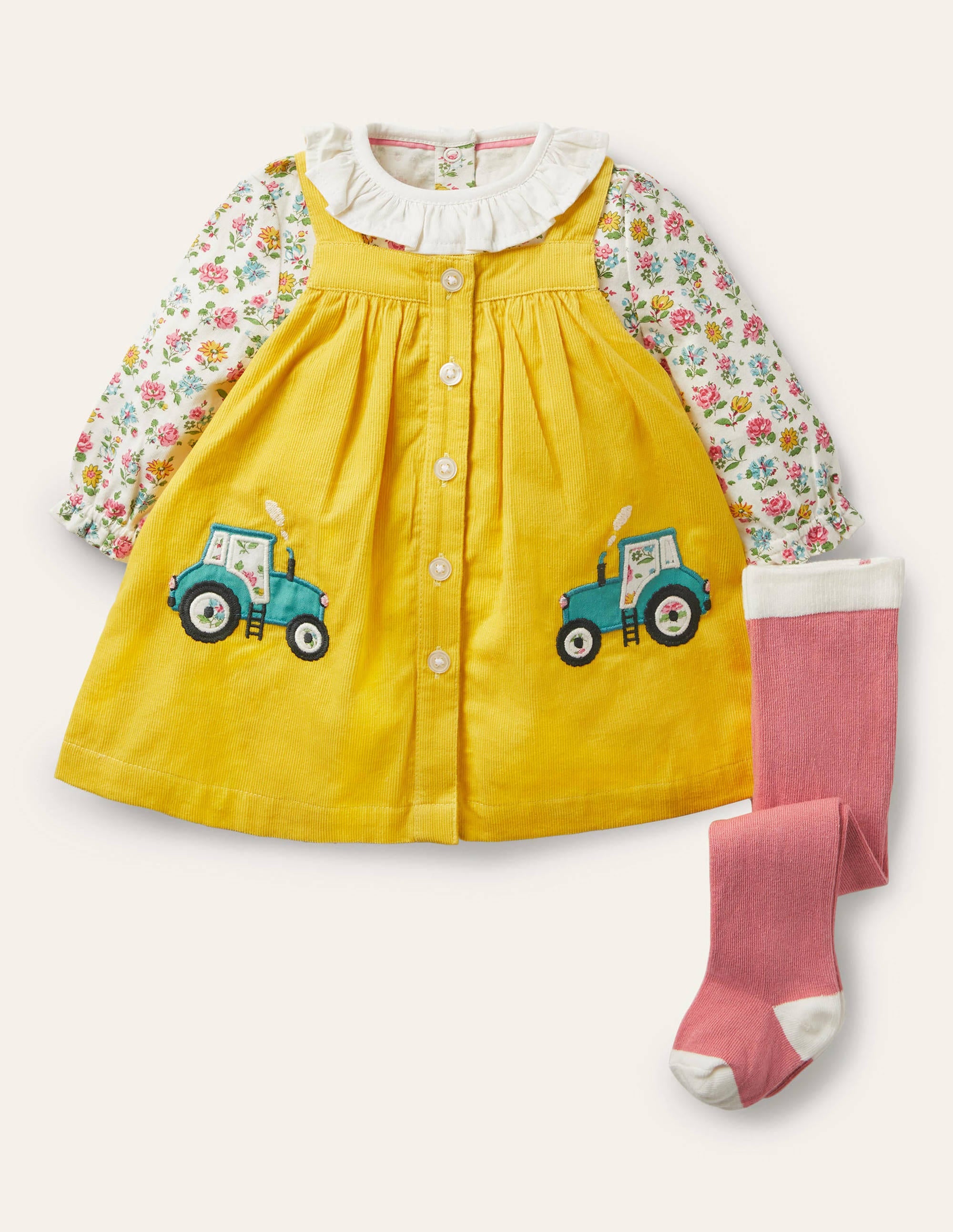 Cord 3 Piece Pinnie Set-Sweetcorn Yellow Tractors - Image 1