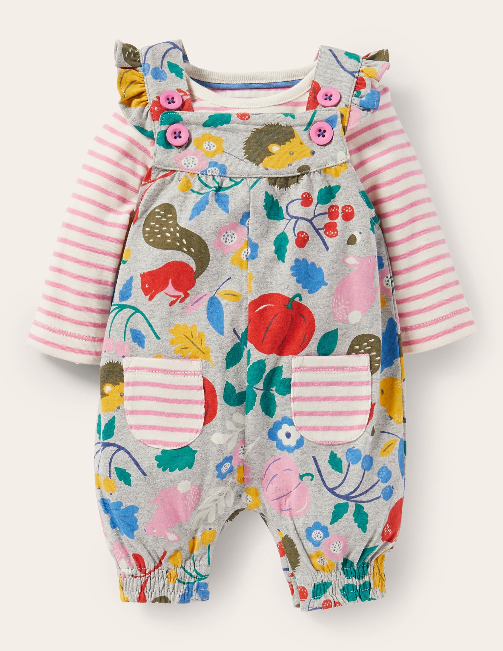 Jersey Dungaree Set-Grey Marl Forest Friends - Image 1