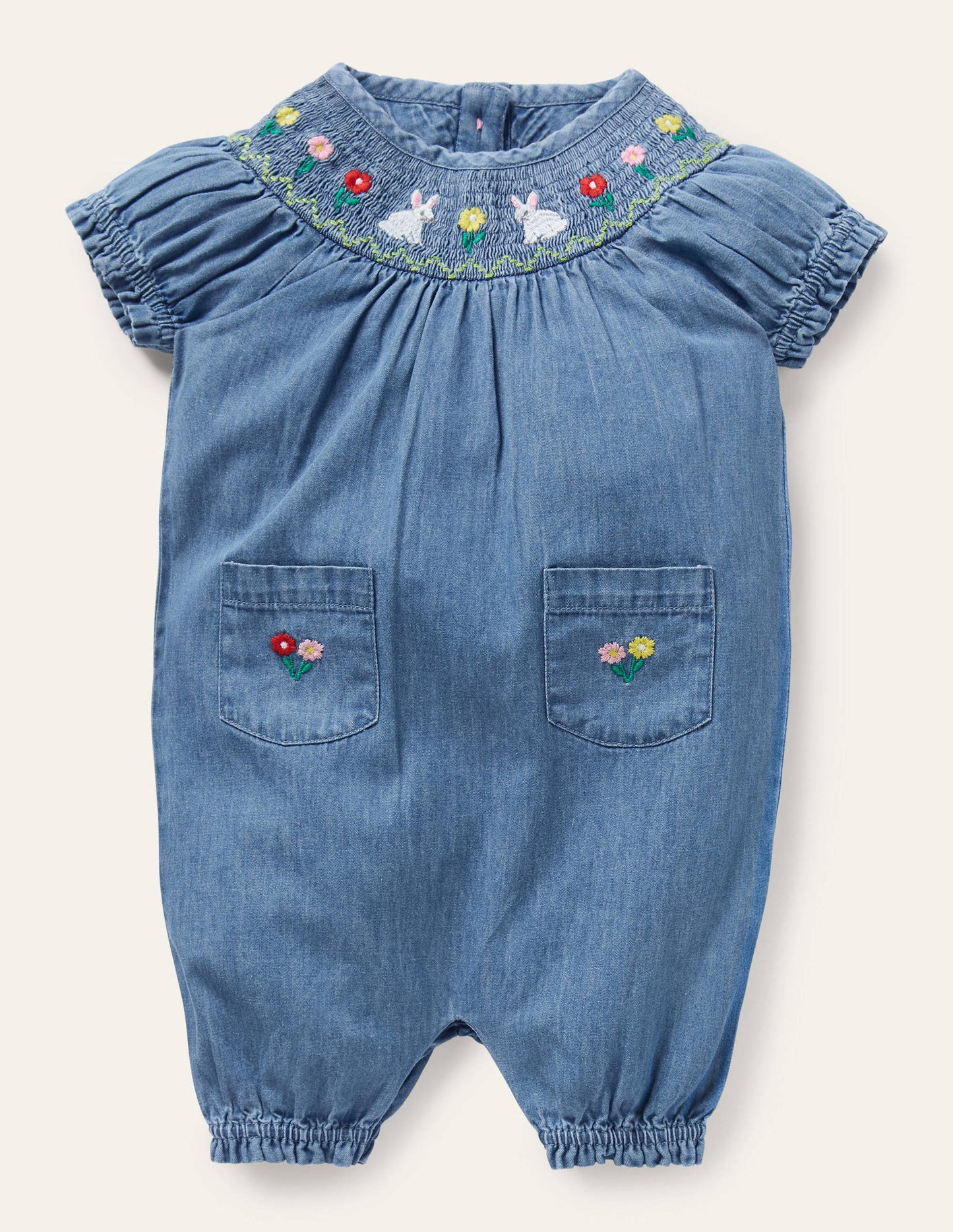 Smocked All-in-One Romper-Chambray Denim