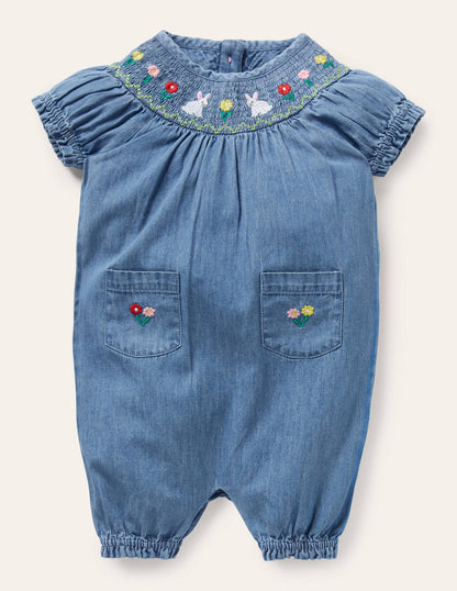 Smocked All-in-One Romper-Chambray Denim-1