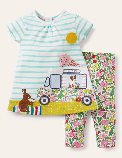 Appliqué Dress & Leggings Set-Ivory/Aqua Blue Truck-1
