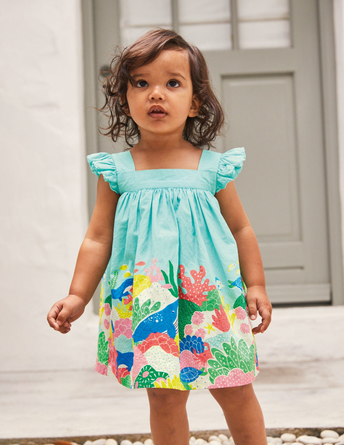 Woven Coral Scene Dress-Georgian Blue Coral Reef - Image 4