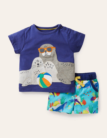 Applique' Short Set-Aqua Blue Under the Sea