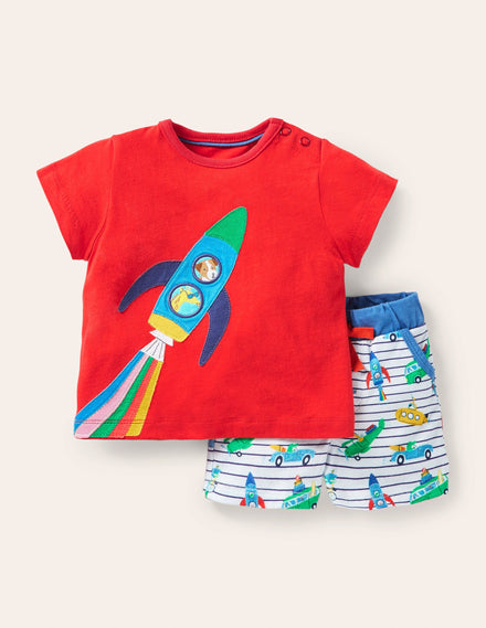 Applique' Short Set-Ivory/Blue Animal Adventures