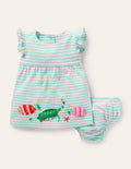 Striped Appliqué Jersey Dress-Ivory/Georgian Blue Fish