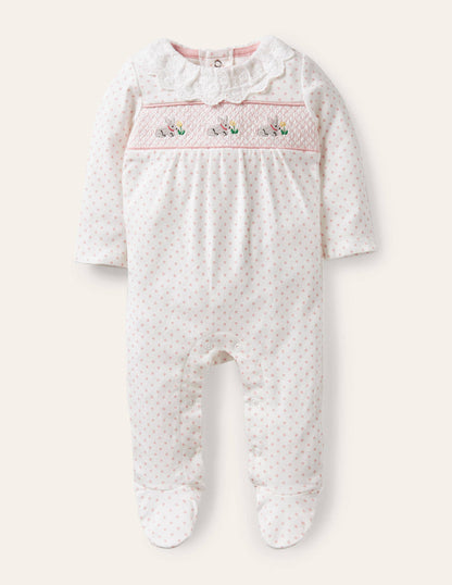 Organic Spot Smocked Sleepsuit-Boto Pink Tiny Spot-1