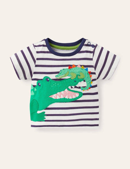 Appliqué Animals T-shirt-Ivory/Starboard Blue Crocodile