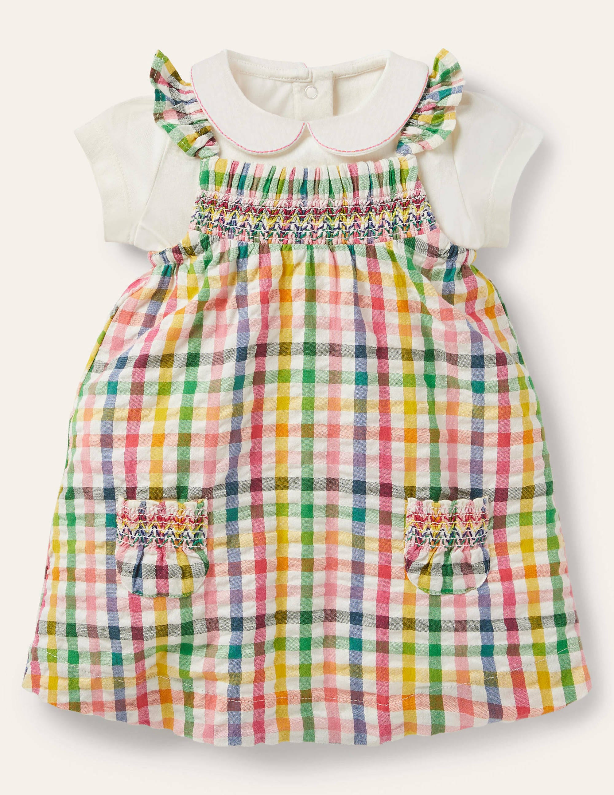 Smocked Gingham Pinnie Set-Party Pink Gingham - Image 1
