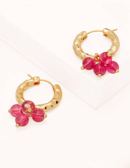 Hammered Beaded Hoop Earrings-Pink-1