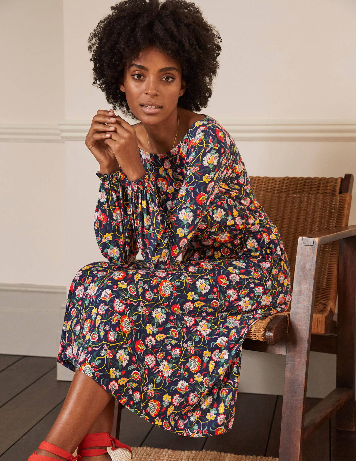 Evelyn Jersey Midi Dress-French Navy, Opulent Floral - Image 4