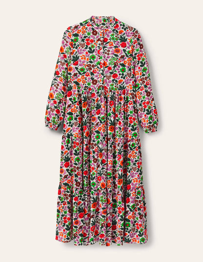Tiered Maxi Shirt Dress-Ivory, Floral Forest-5