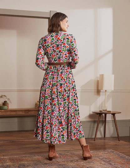 Tiered Maxi Shirt Dress-Ivory, Floral Forest-3