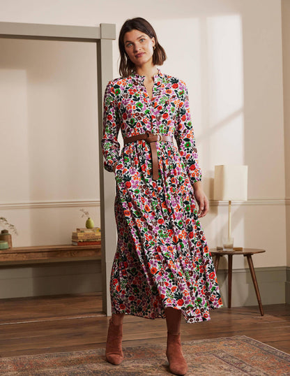 Tiered Maxi Shirt Dress-Ivory, Floral Forest-4