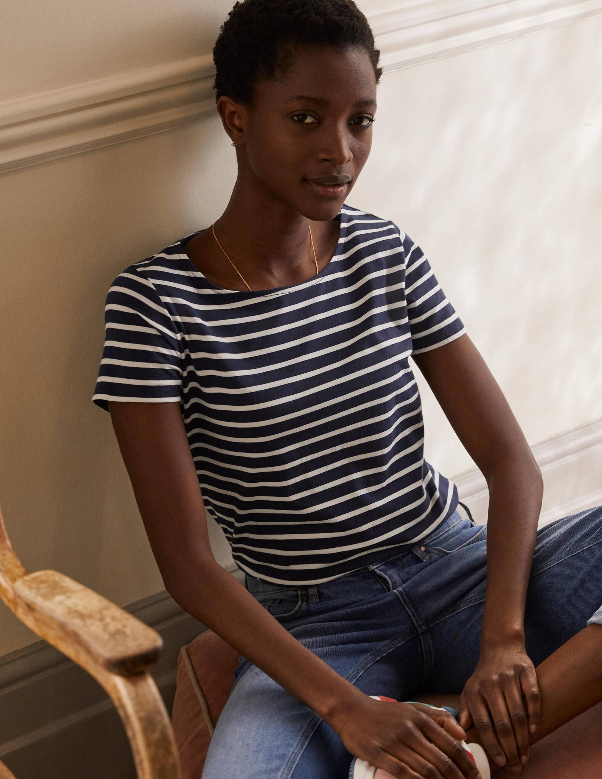 Short Sleeve Breton T-Shirt-Navy / Ivory Stripe - Image 1
