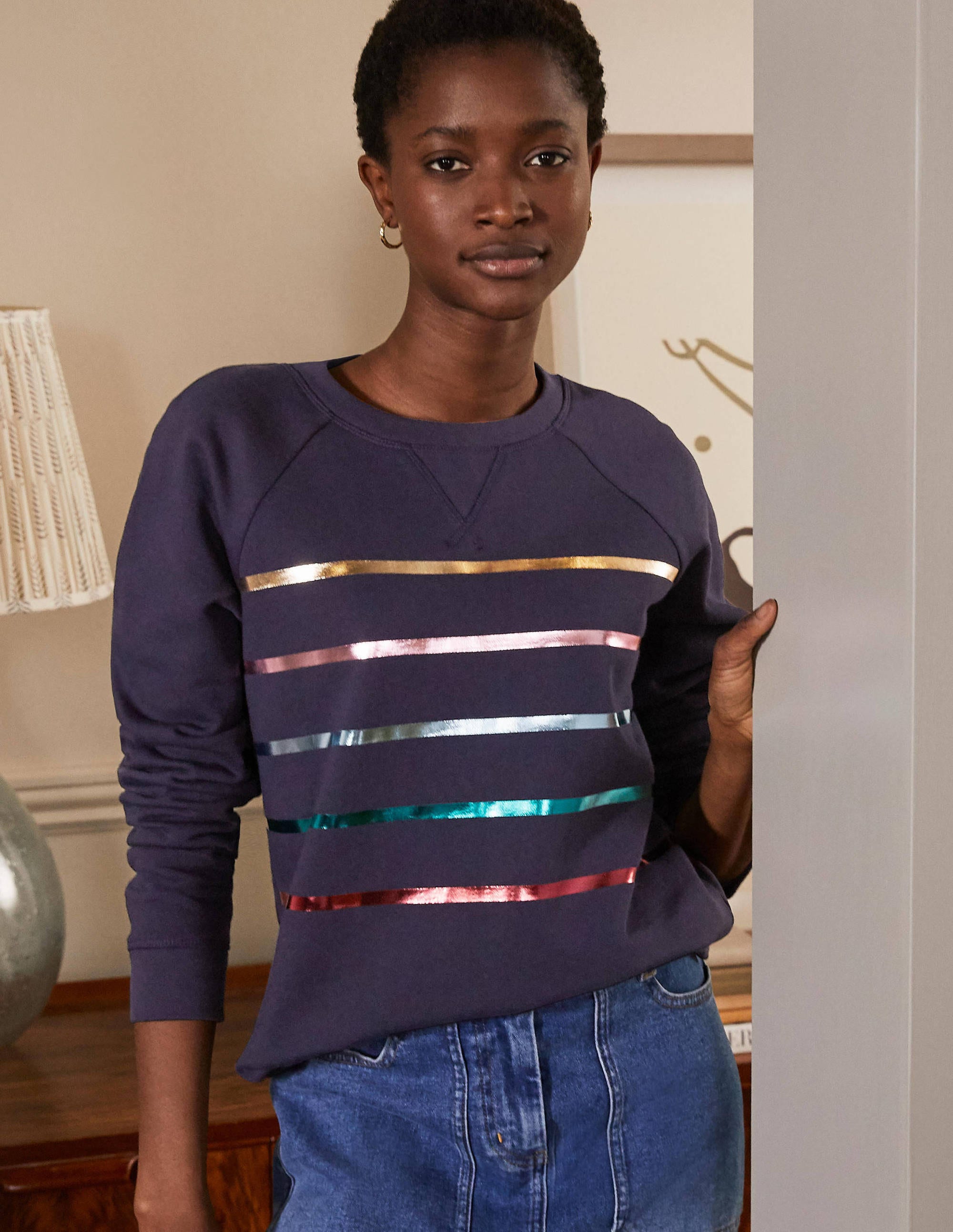 Printed Cotton Sweatshirt-Navy, Multi Foil Stripe - Image 1