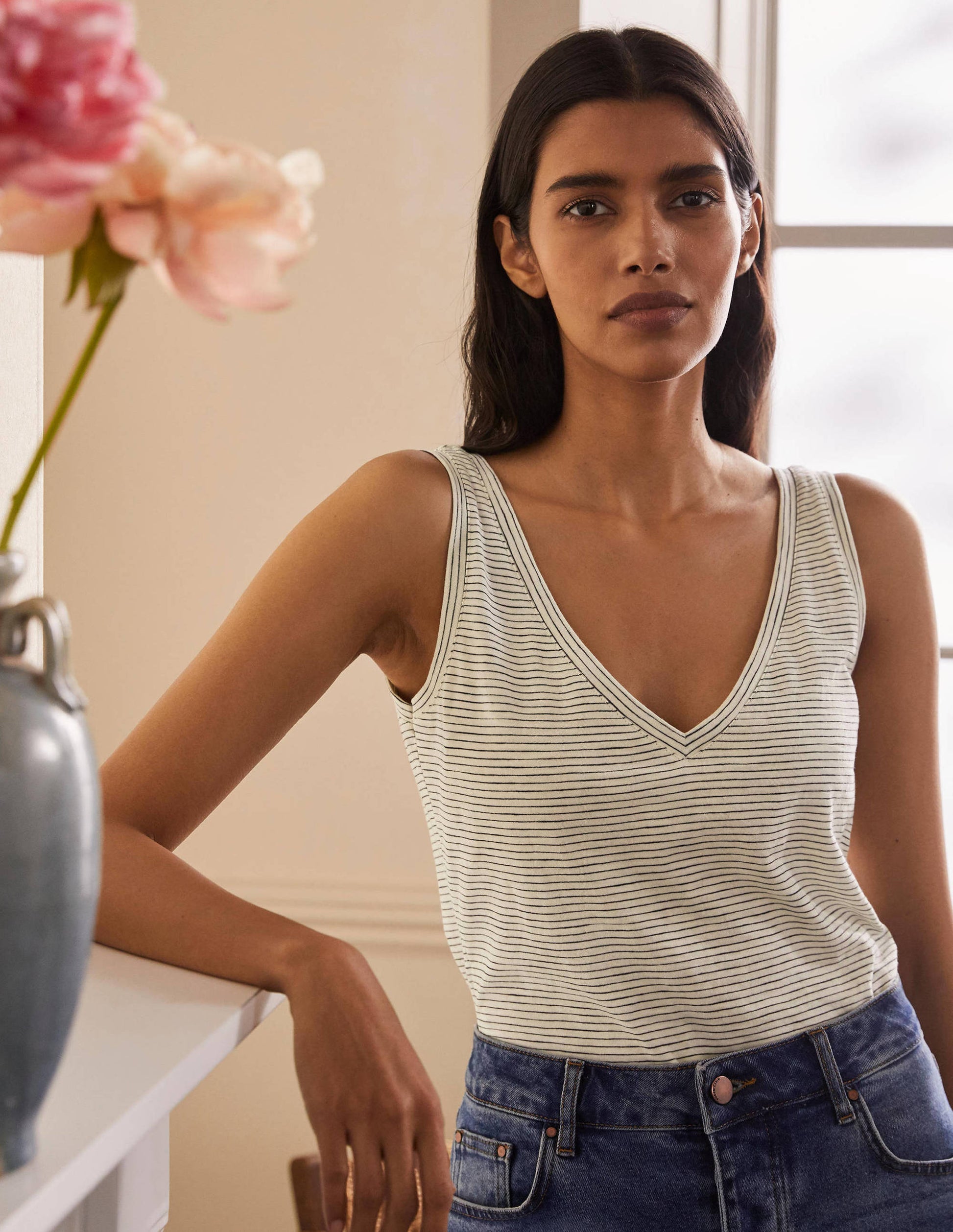 Cotton Vest-Ivory / Navy Stripe-1