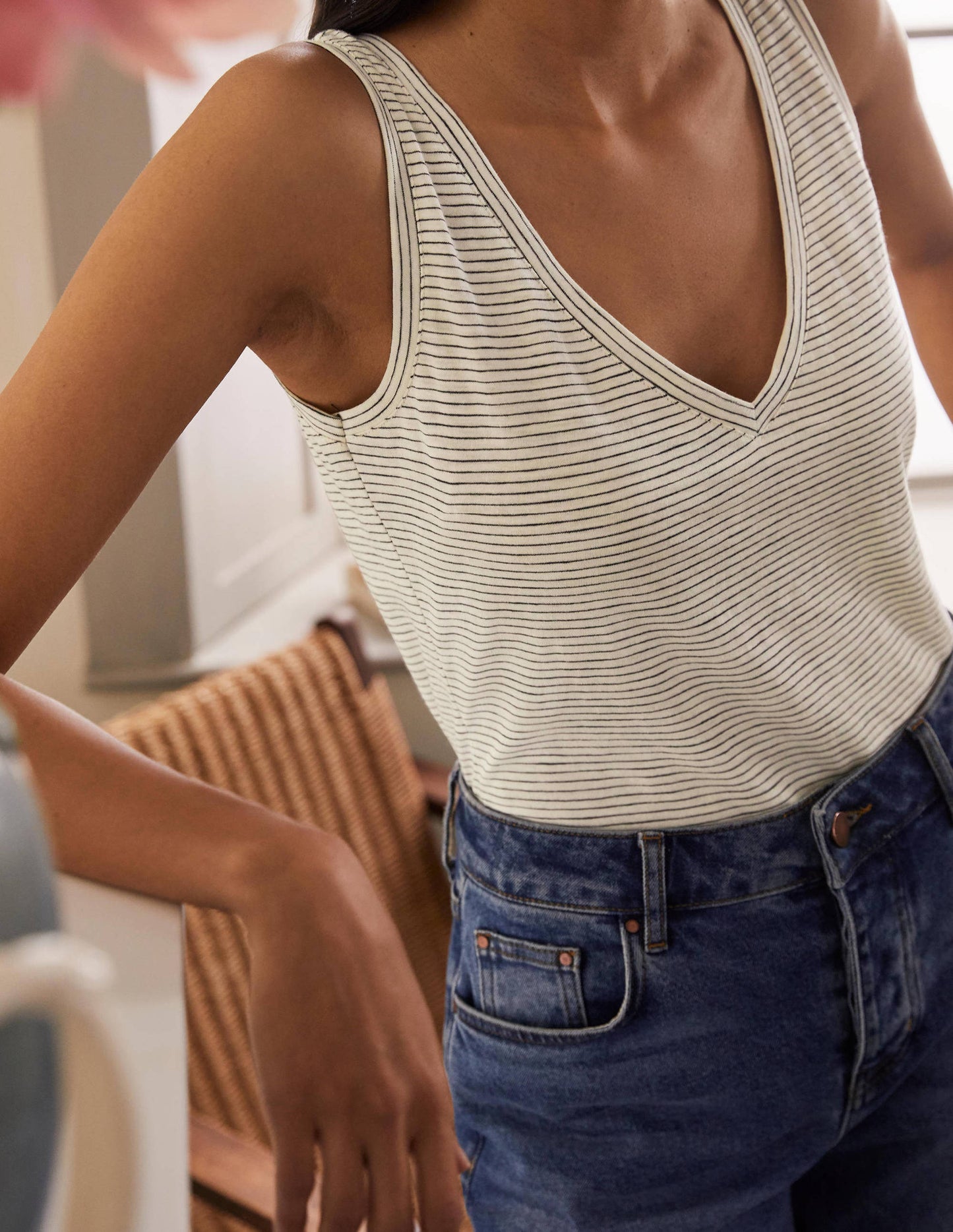 Cotton Vest-Ivory / Navy Stripe