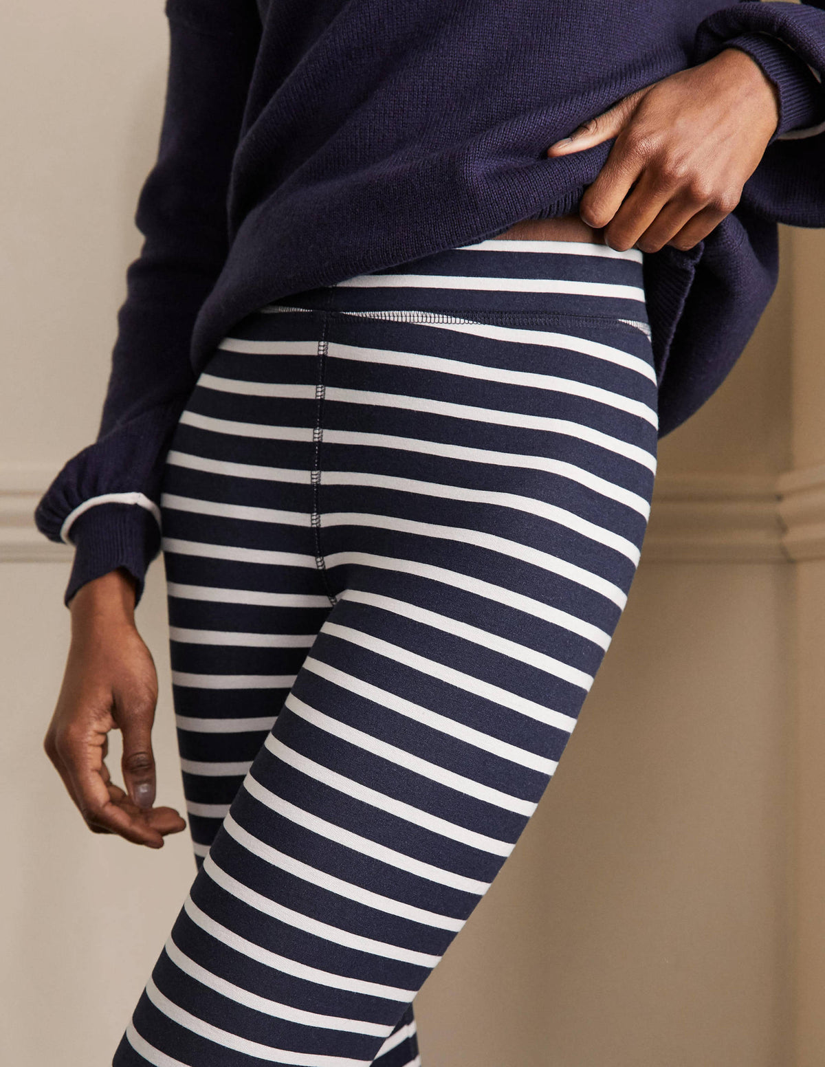 High Rise Jersey Leggings-Navy/Ivory - Image 2