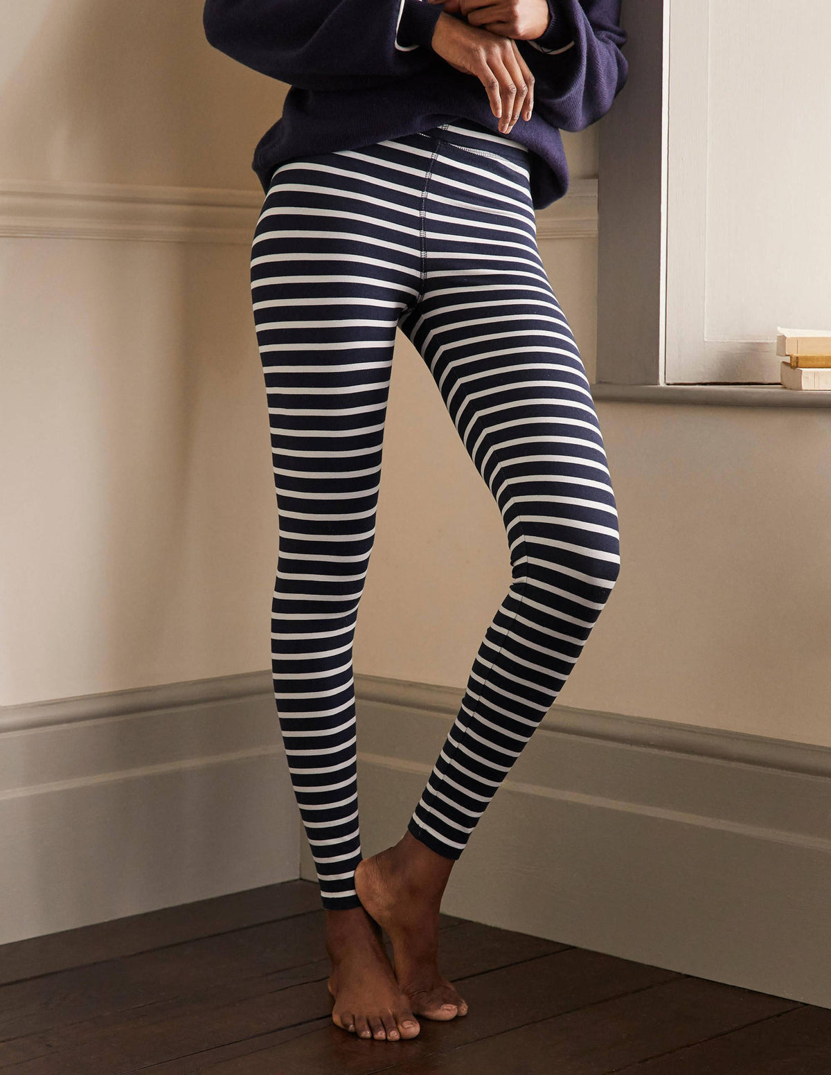 High Rise Jersey Leggings-Navy/Ivory - Image 4