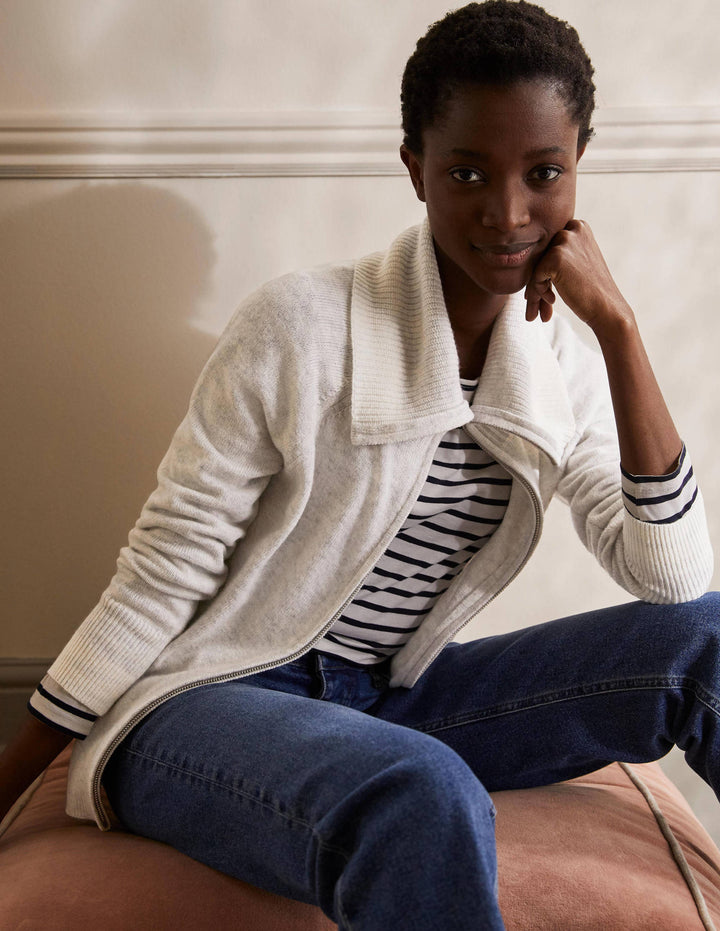 Collared Zip-up Cardigan-Silver Melange