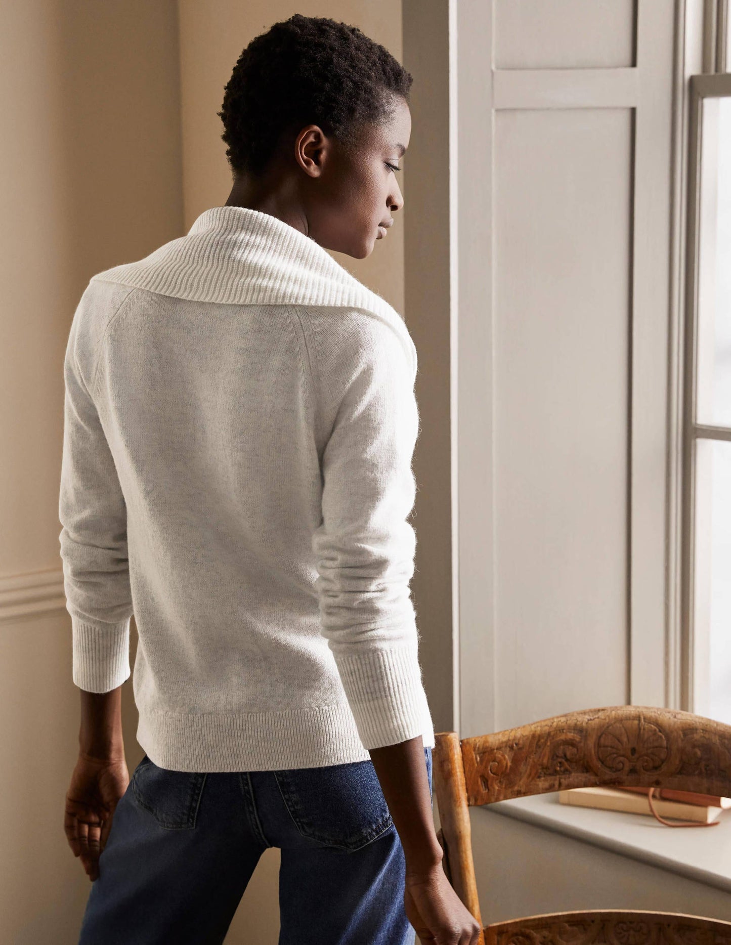 Collared Zip-up Cardigan-Silver Melange