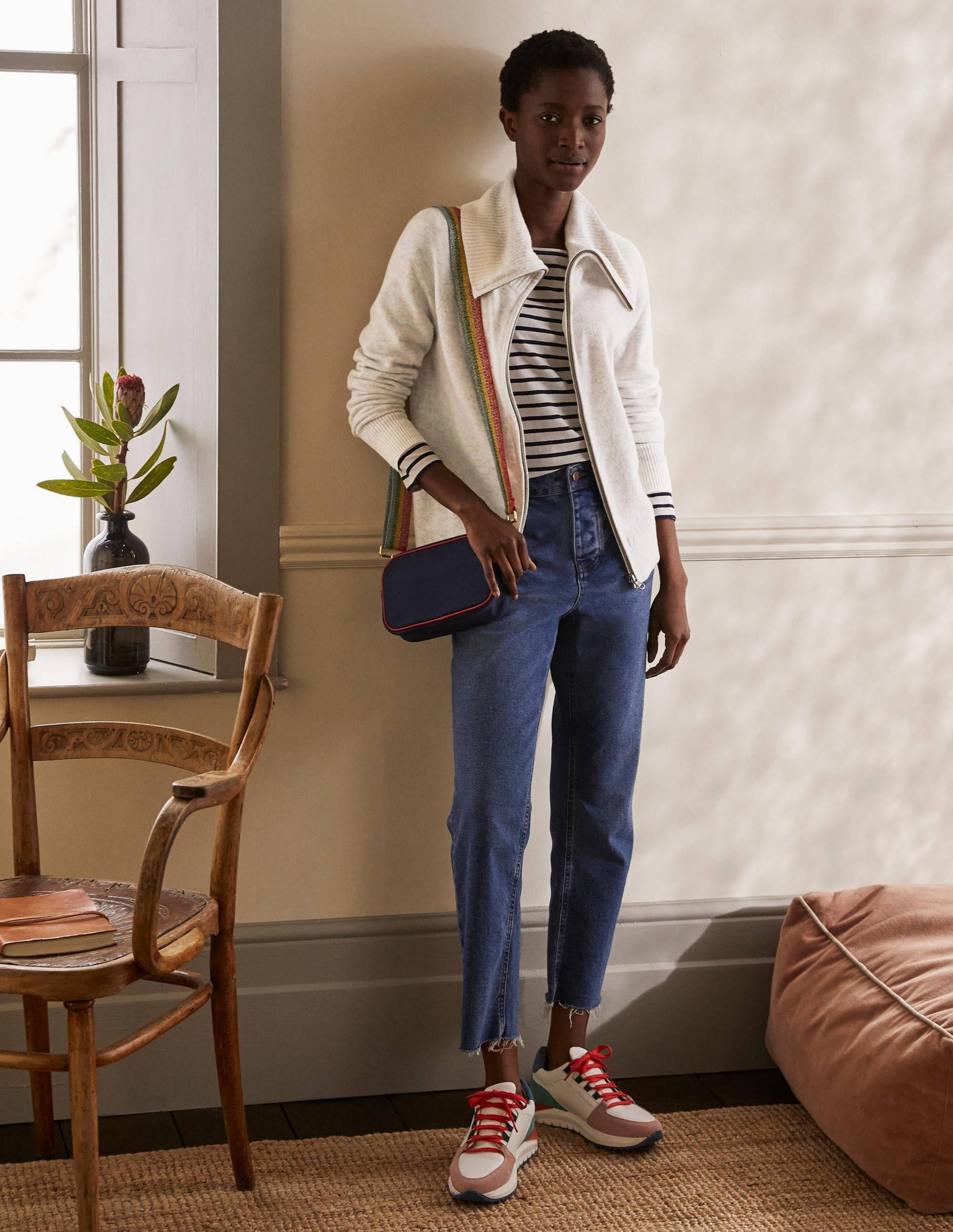 Collared Zip-up Cardigan-Silver Melange-5