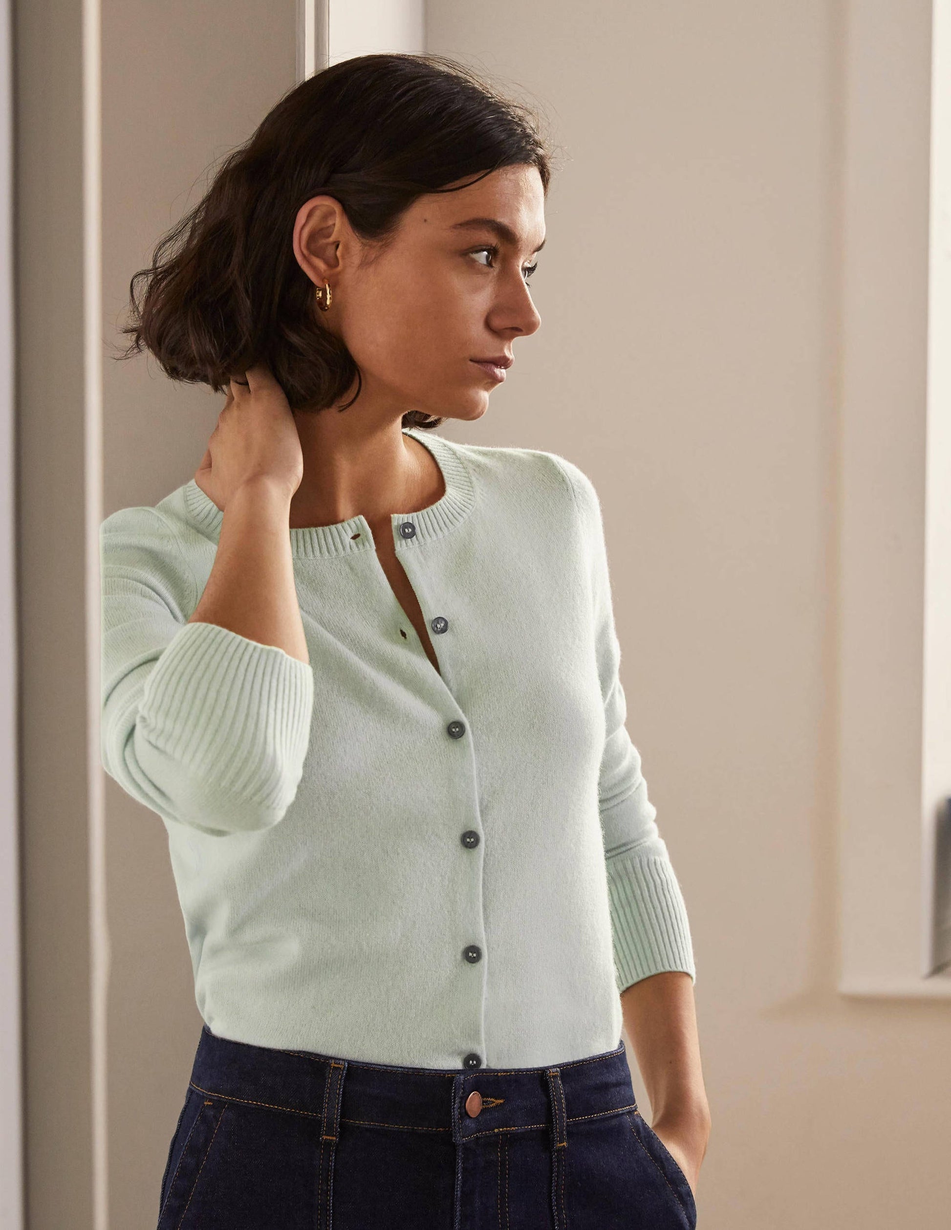 Cashmere Cropped Cardigan-Mint Blue-1