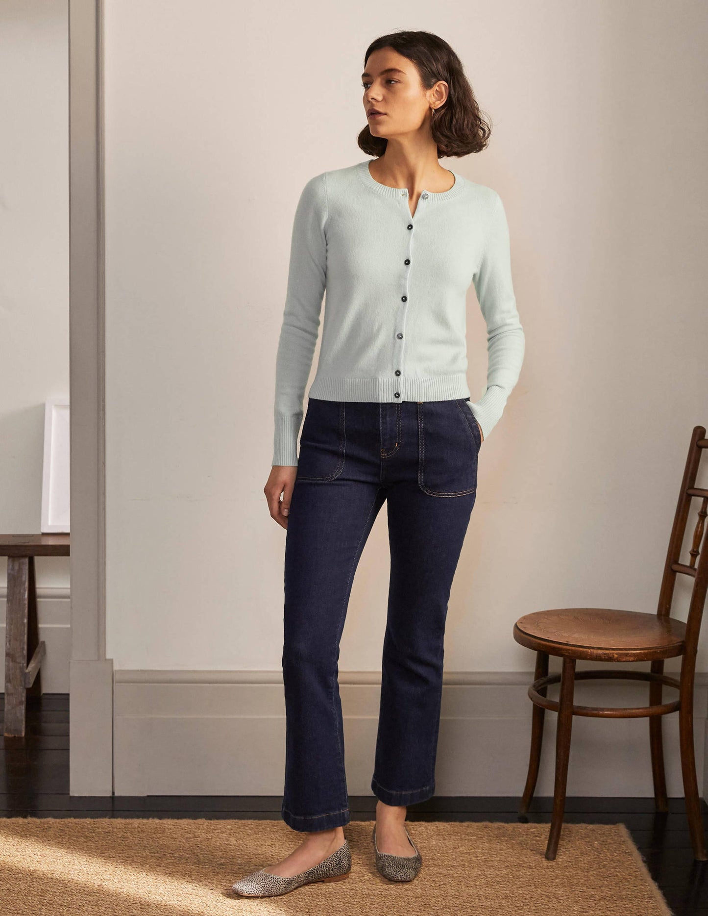 Cashmere Cropped Cardigan-Mint Blue