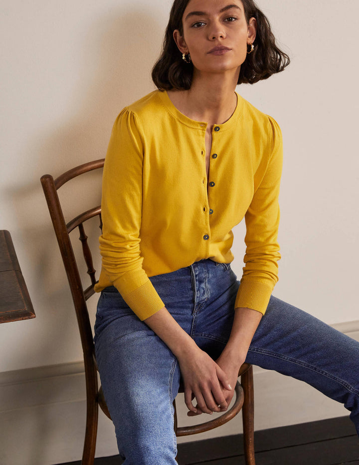 Cotton Crew Neck Cardigan-Honey Gold