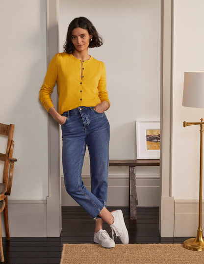 Cotton Crew Neck Cardigan-Honey Gold-2