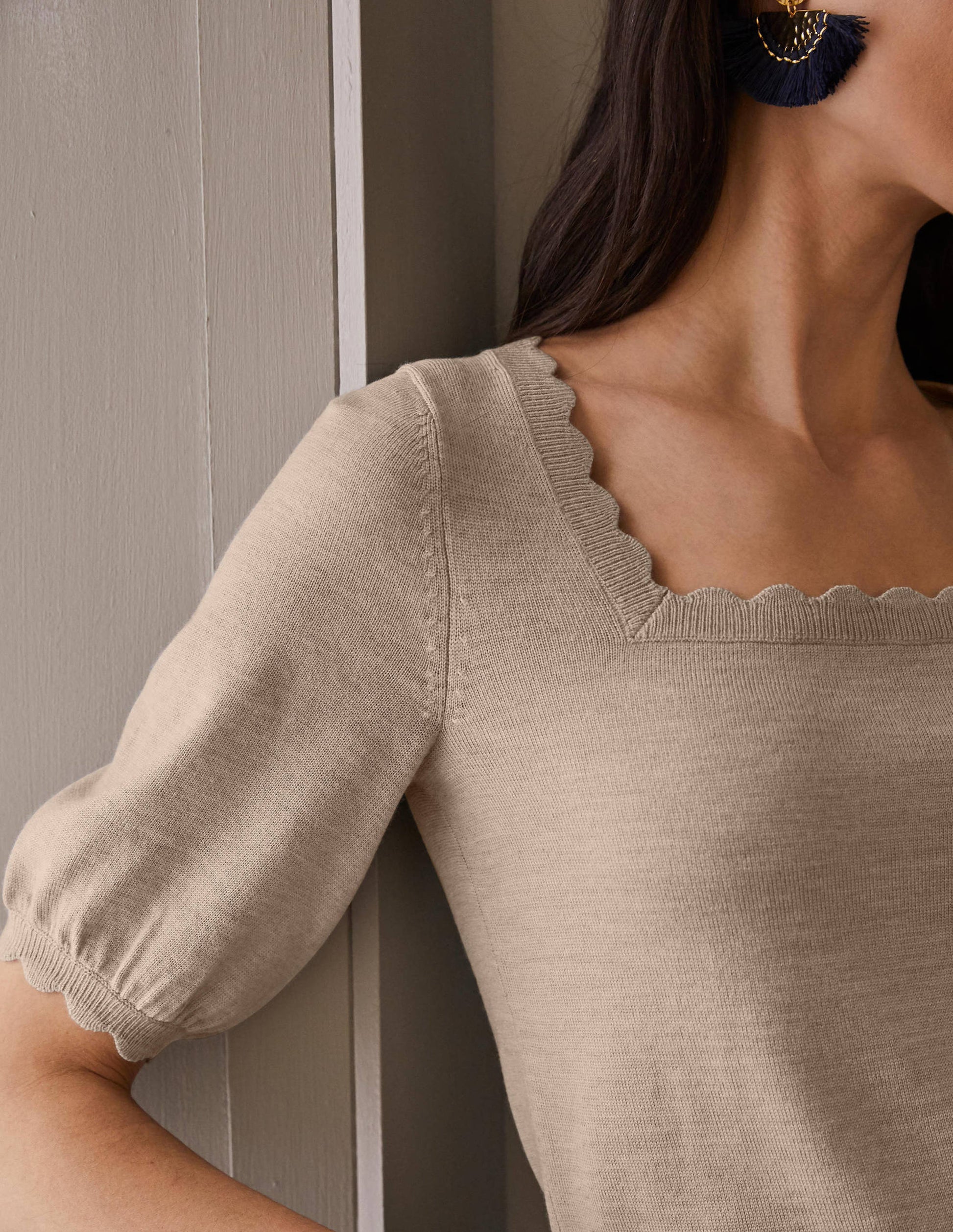 Merino Scallop Knitted Top-Mink Melange-2