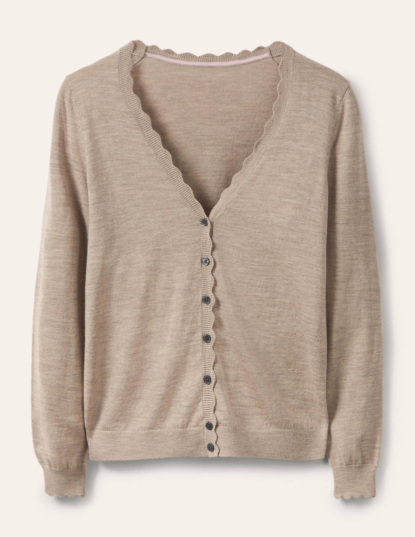 Merino Scallop Trim Cardigan-Mink Melange