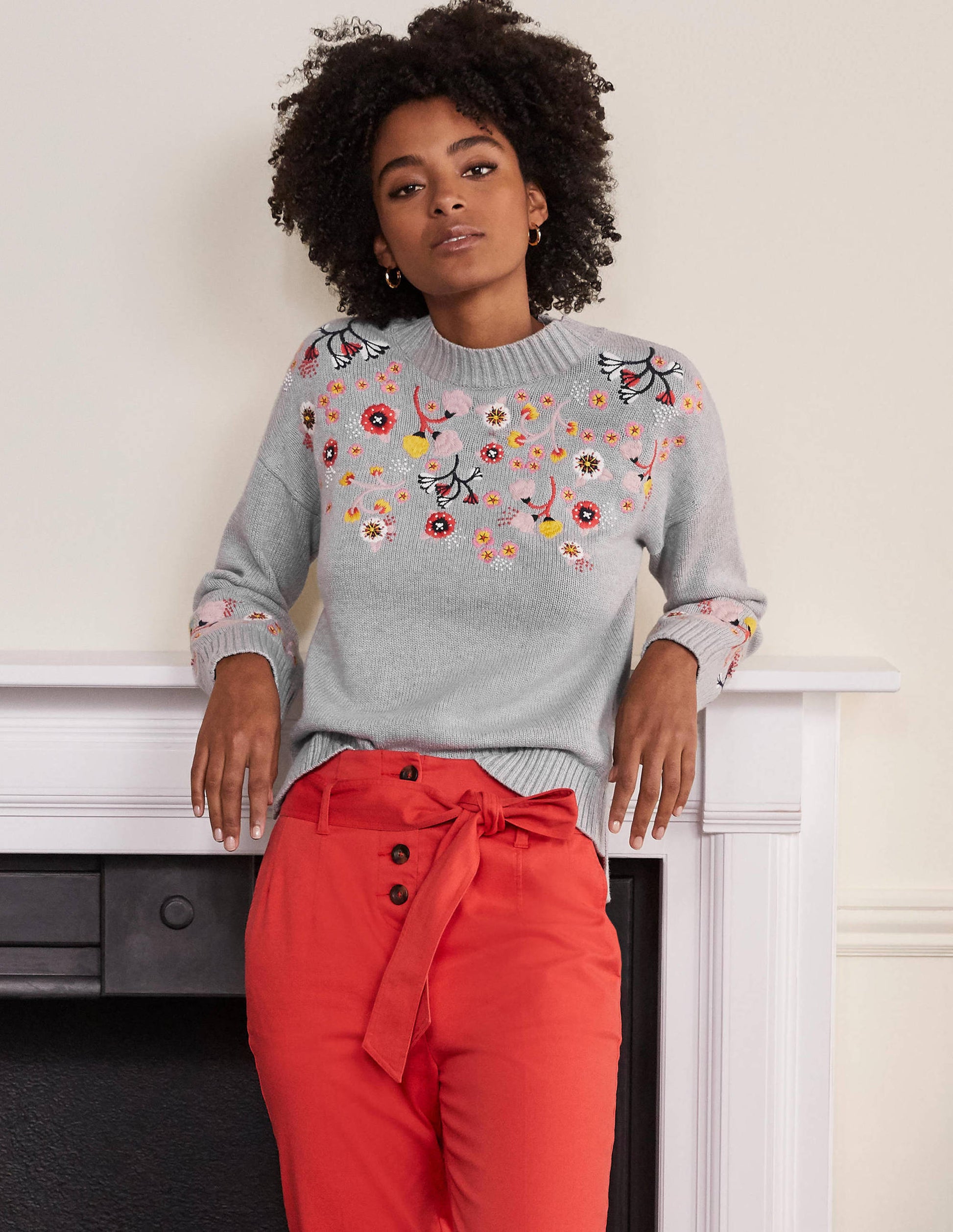 Embroidered Relaxed Jumper-Silver Melange-1