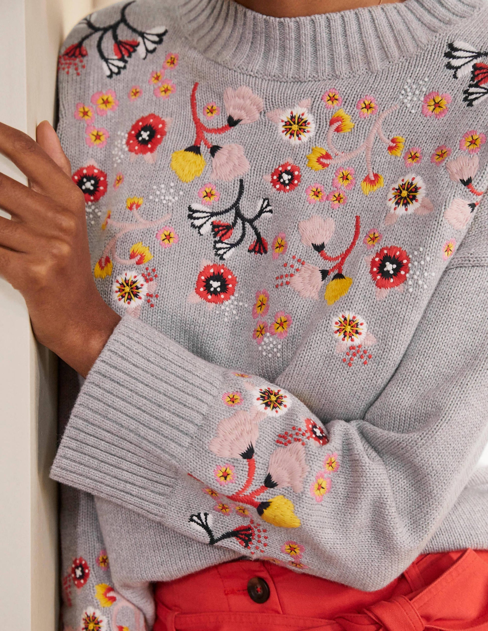 Embroidered Relaxed Jumper-Silver Melange-2