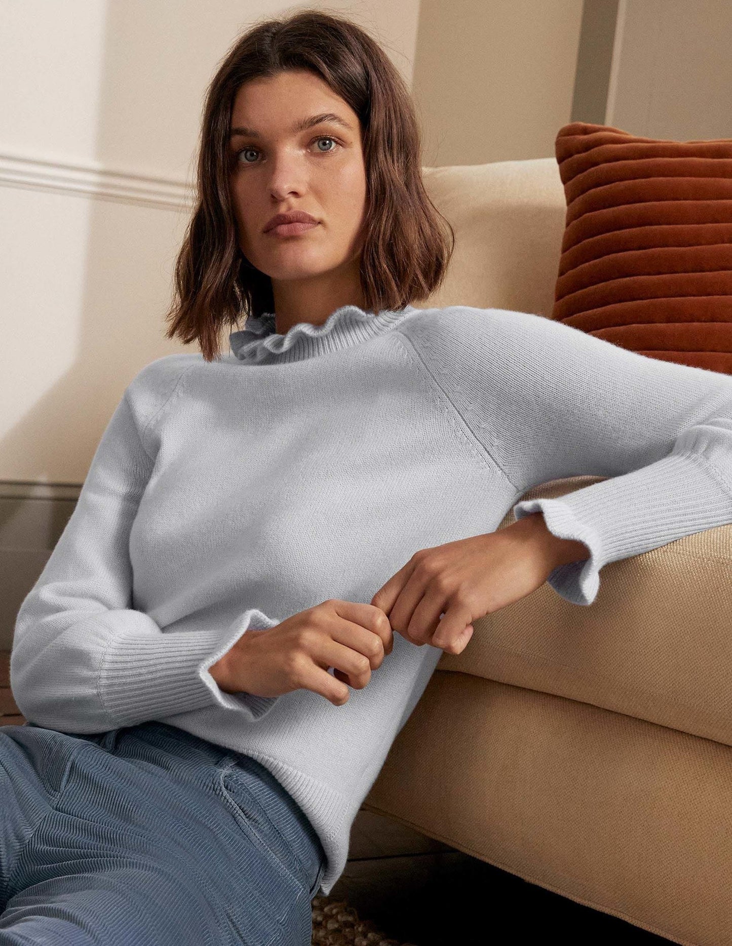 Cashmere Frill Neck Jumper-Skylight Blue