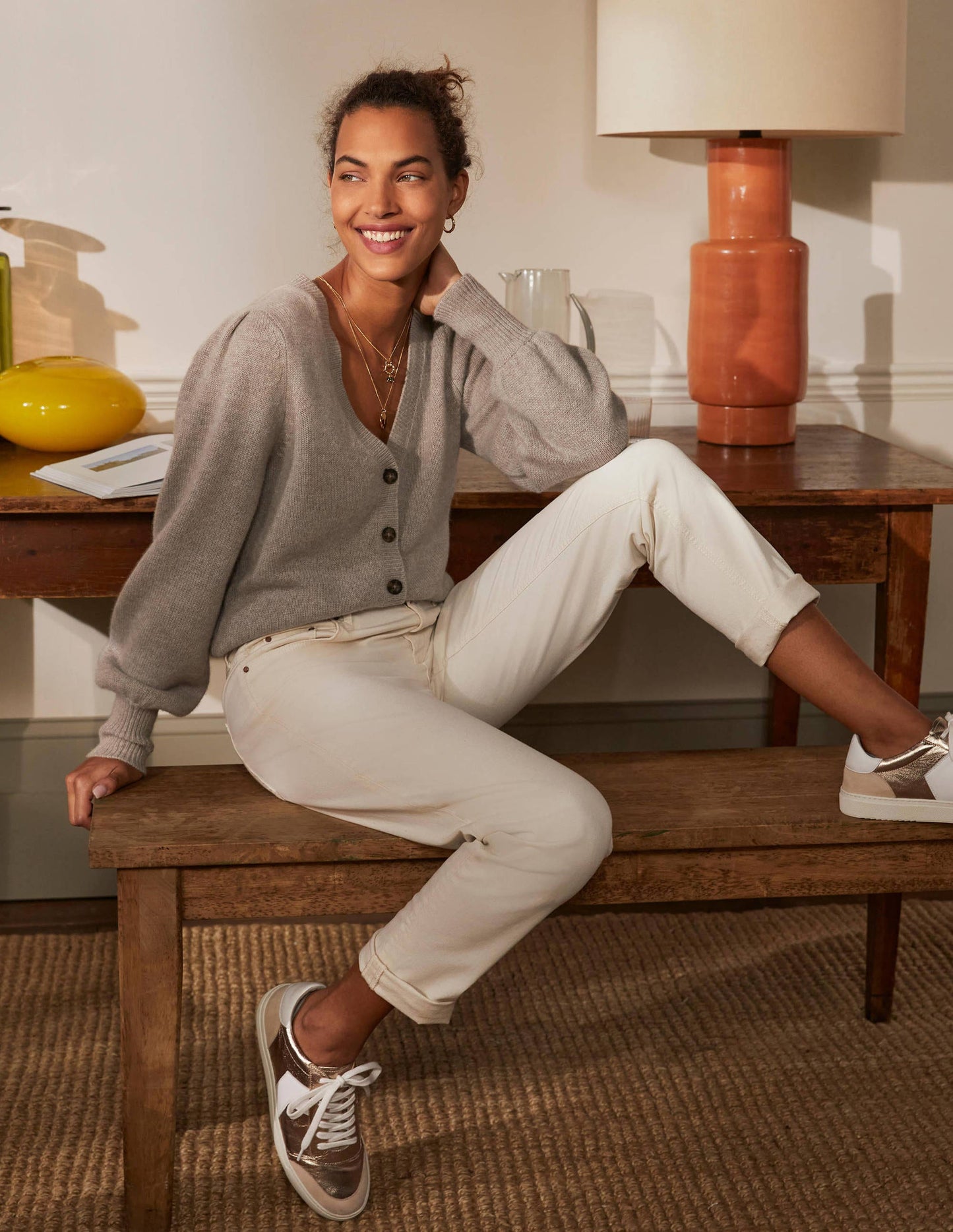 Cashmere Pleat Detail Cardigan-Mink Melange