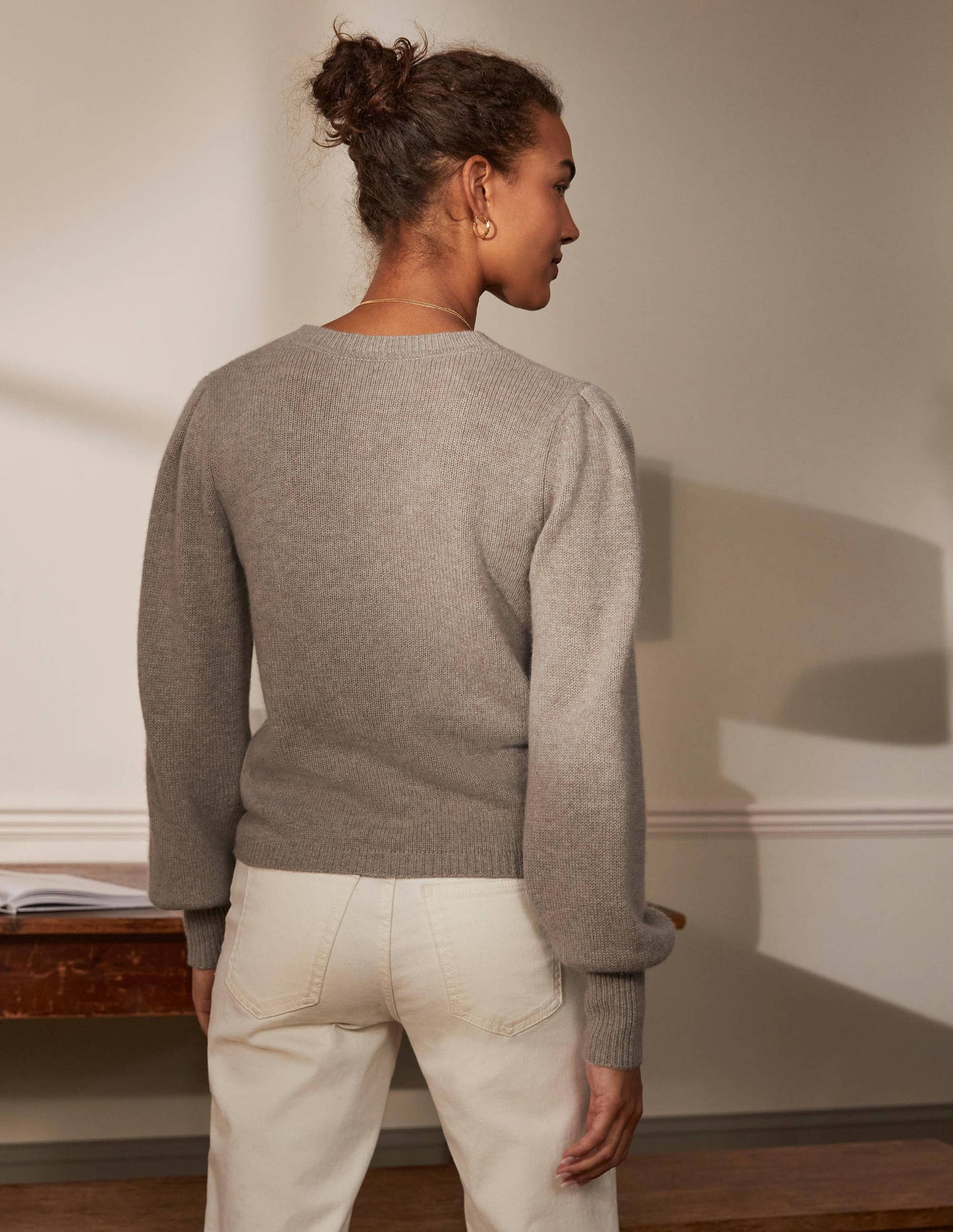 Cashmere Pleat Detail Cardigan-Mink Melange