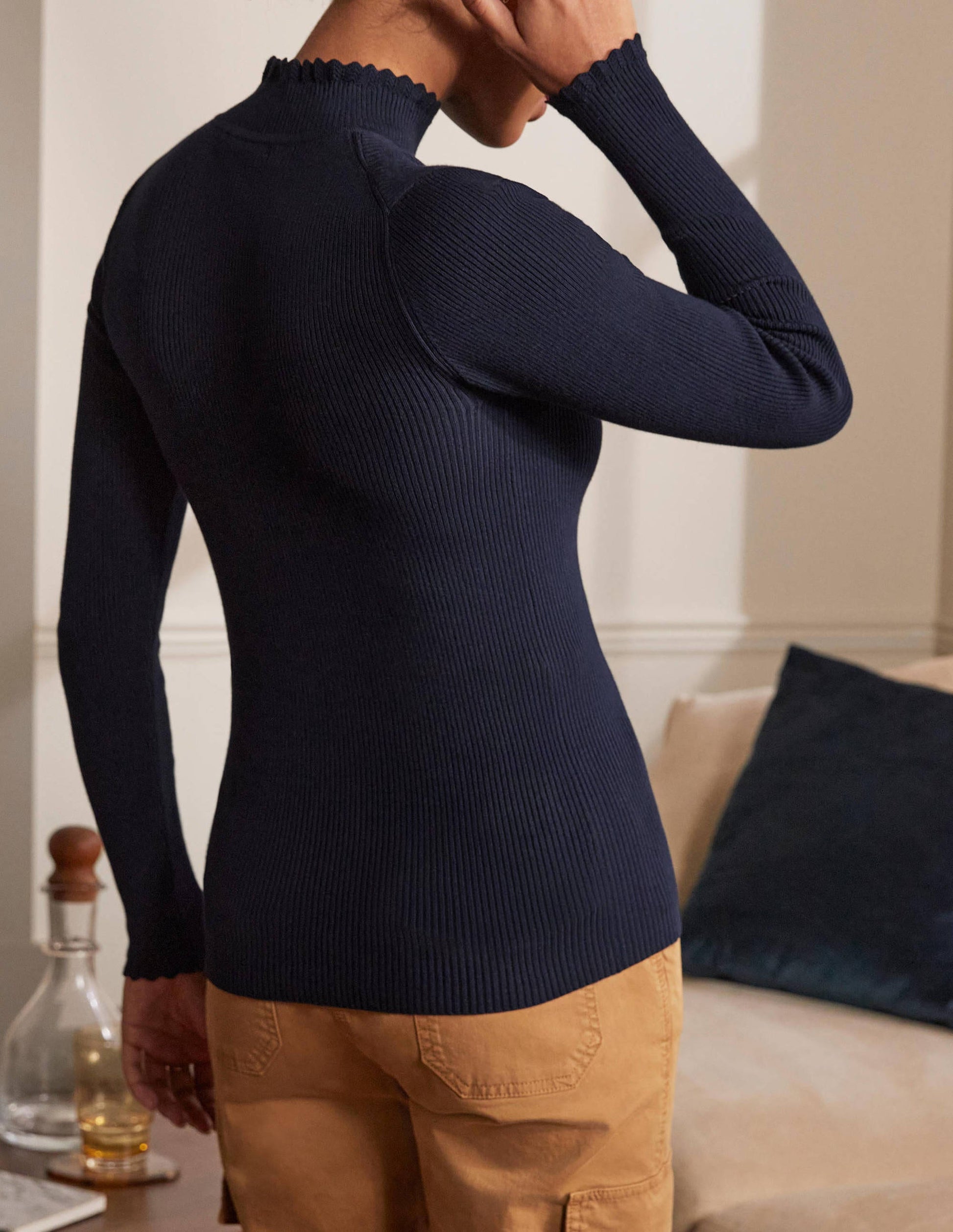 Scallop High Neck Jumper-Navy-3