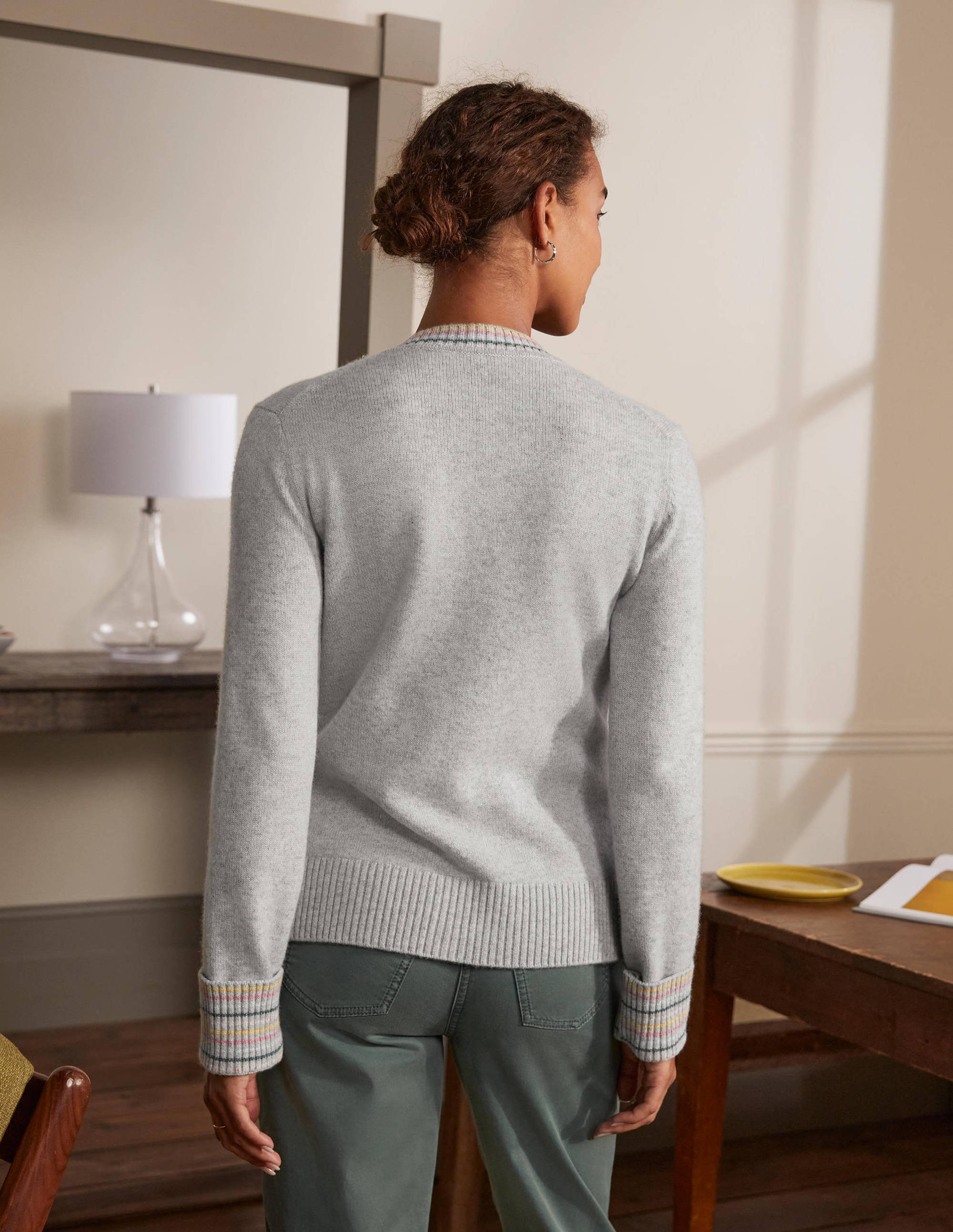 Cashmere Cuff Detail Cardigan-Grey Melange - Image 3