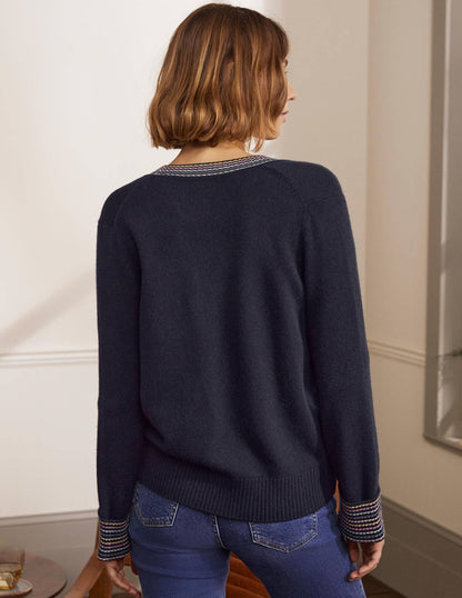 Cashmere Cuff Detail Cardigan-Navy-3