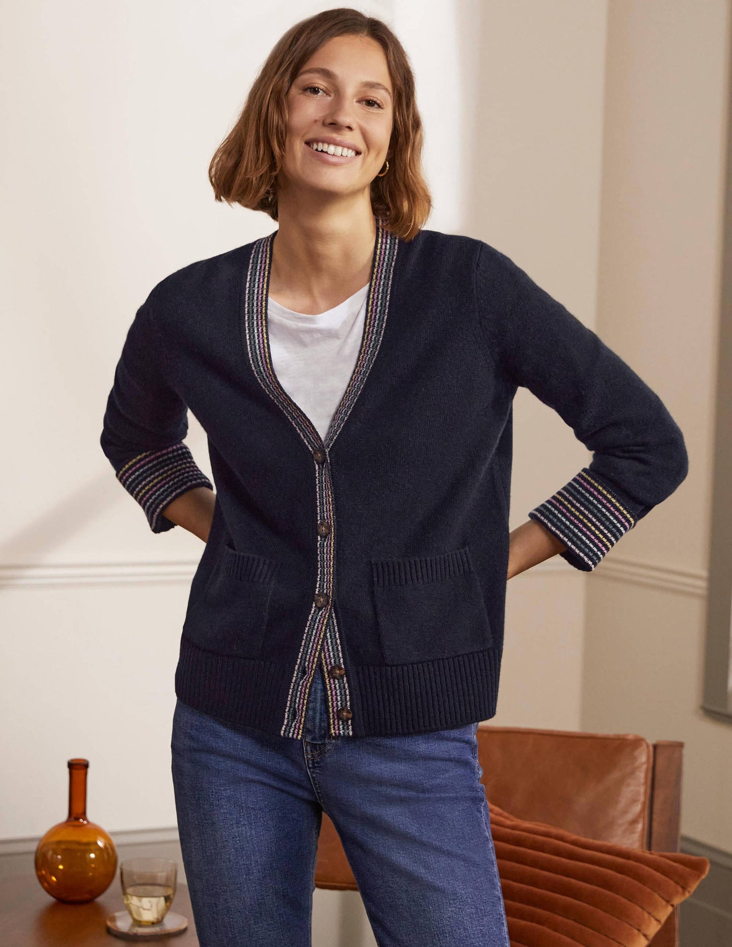 Cashmere Cuff Detail Cardigan-Navy
