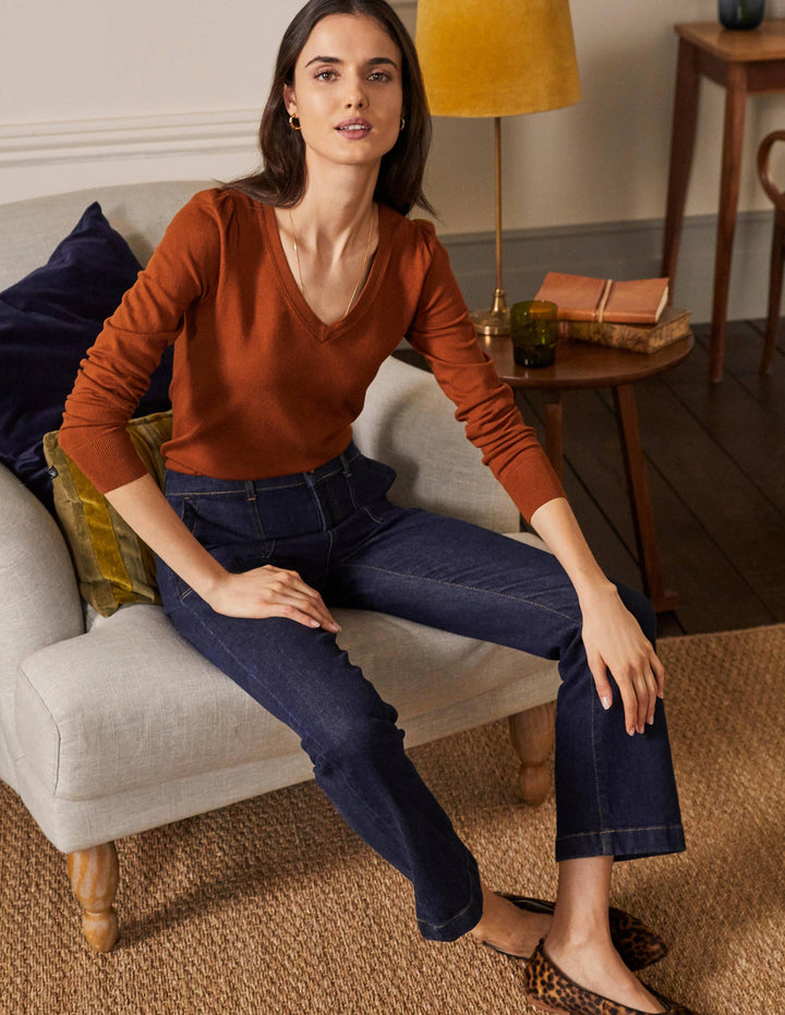 Cotton V-Neck Jumper-Rust