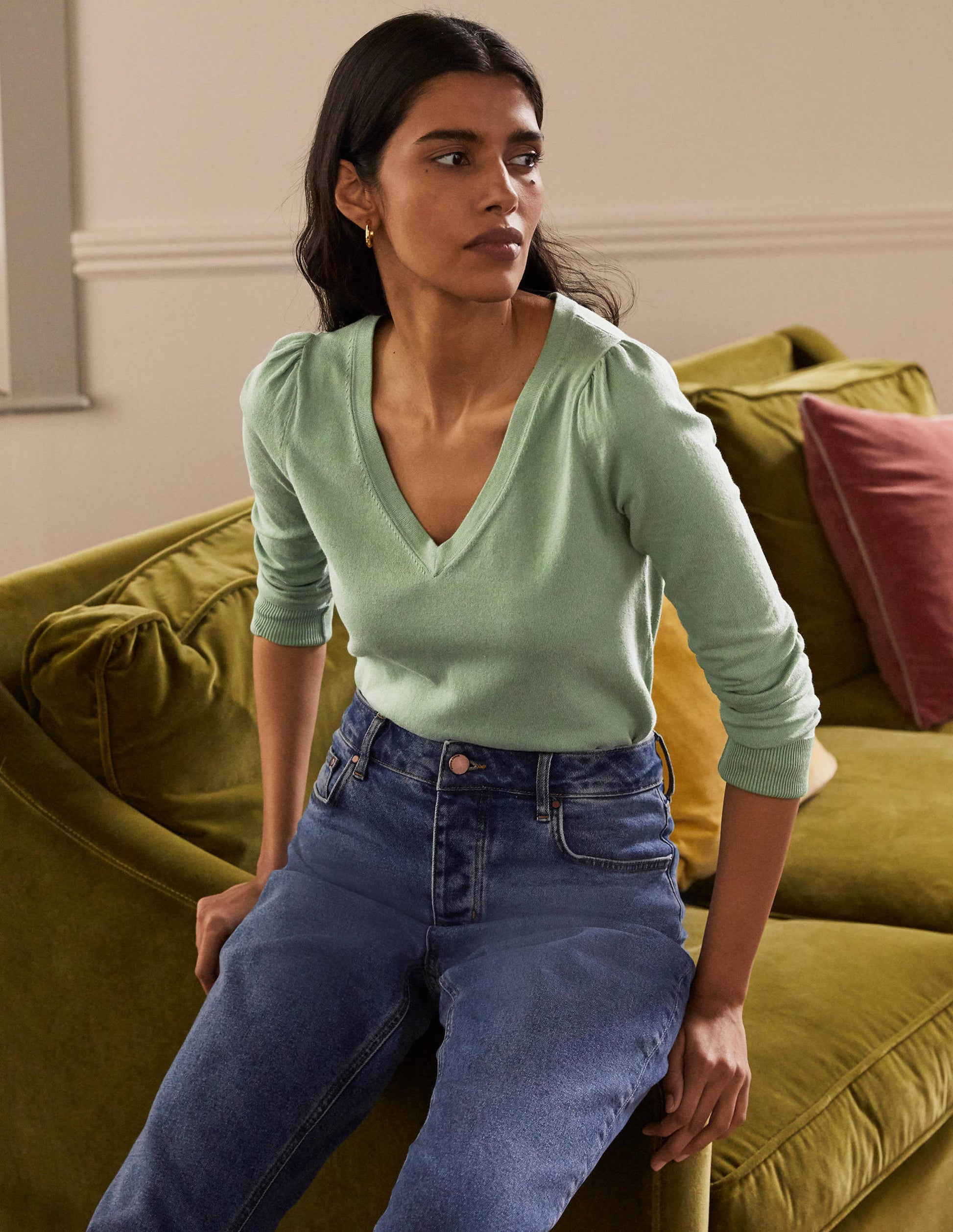 Cotton V-Neck Jumper-Duck Egg-1