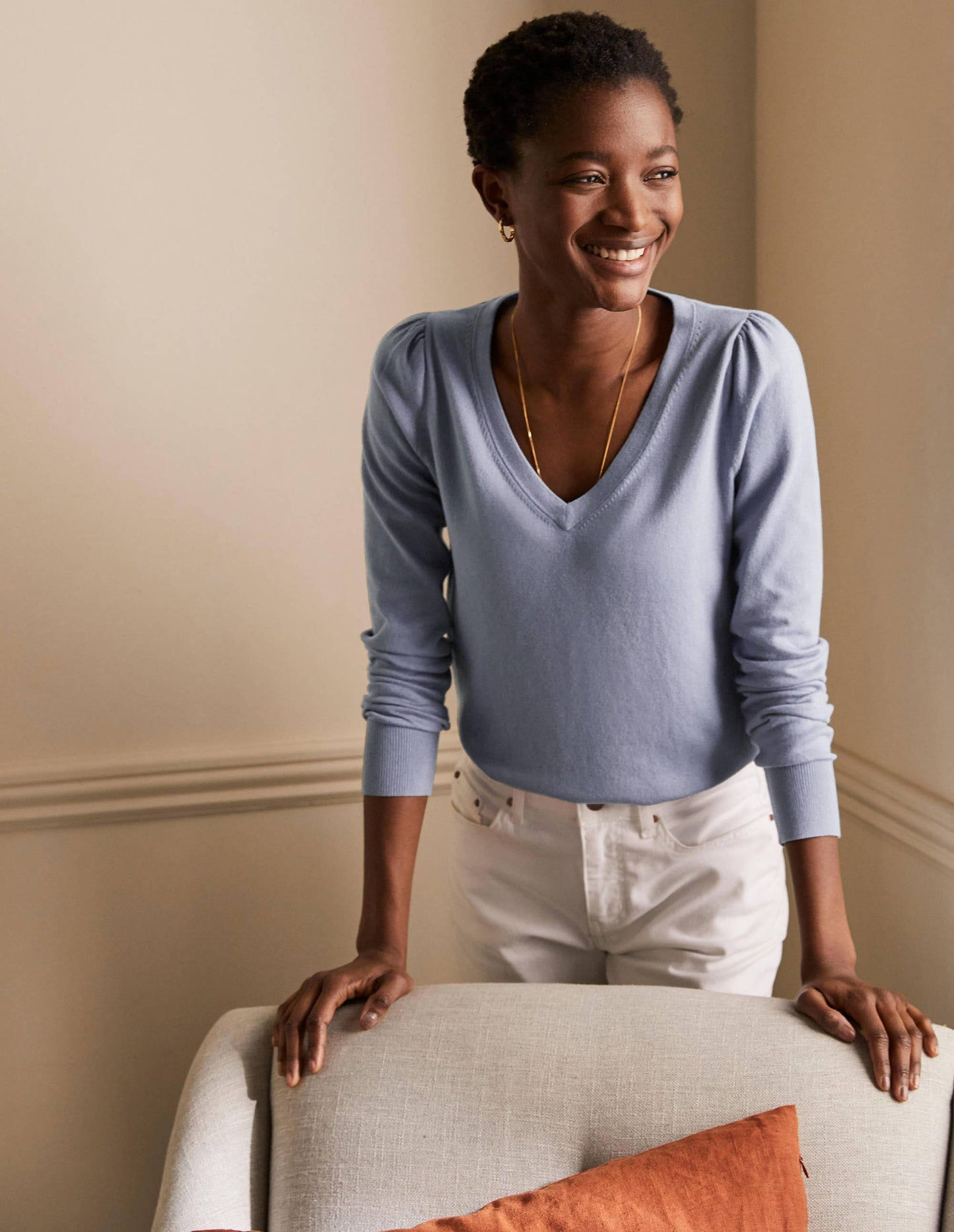 Cotton V-Neck Jumper-River