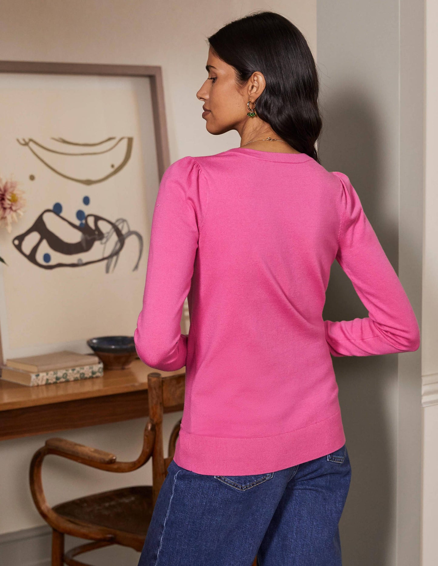 Cotton V-Neck Jumper-Candy Pink