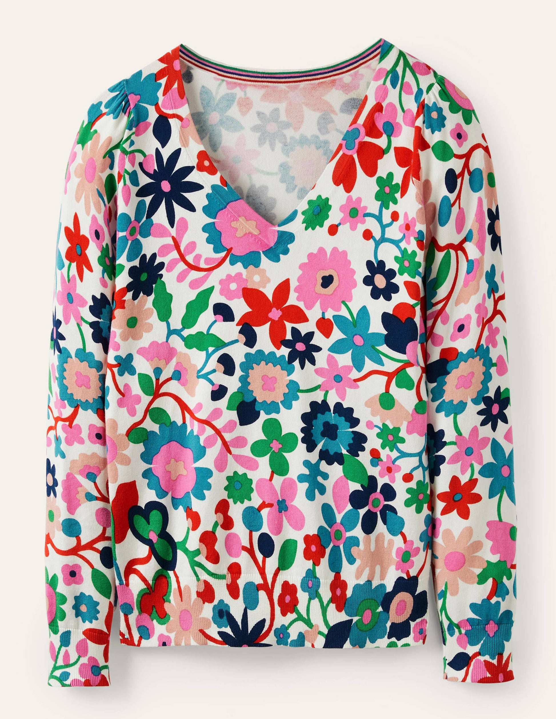 Cotton V-Neck Jumper-Ivory, Prairie Floral-5