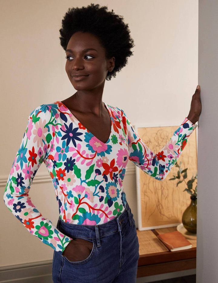 Cotton V-Neck Jumper-Ivory, Prairie Floral